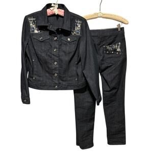 Chicos Platinum Dark Wash Denim Jean Embellished Jacket Pant Lot 2 Bundle XS/S